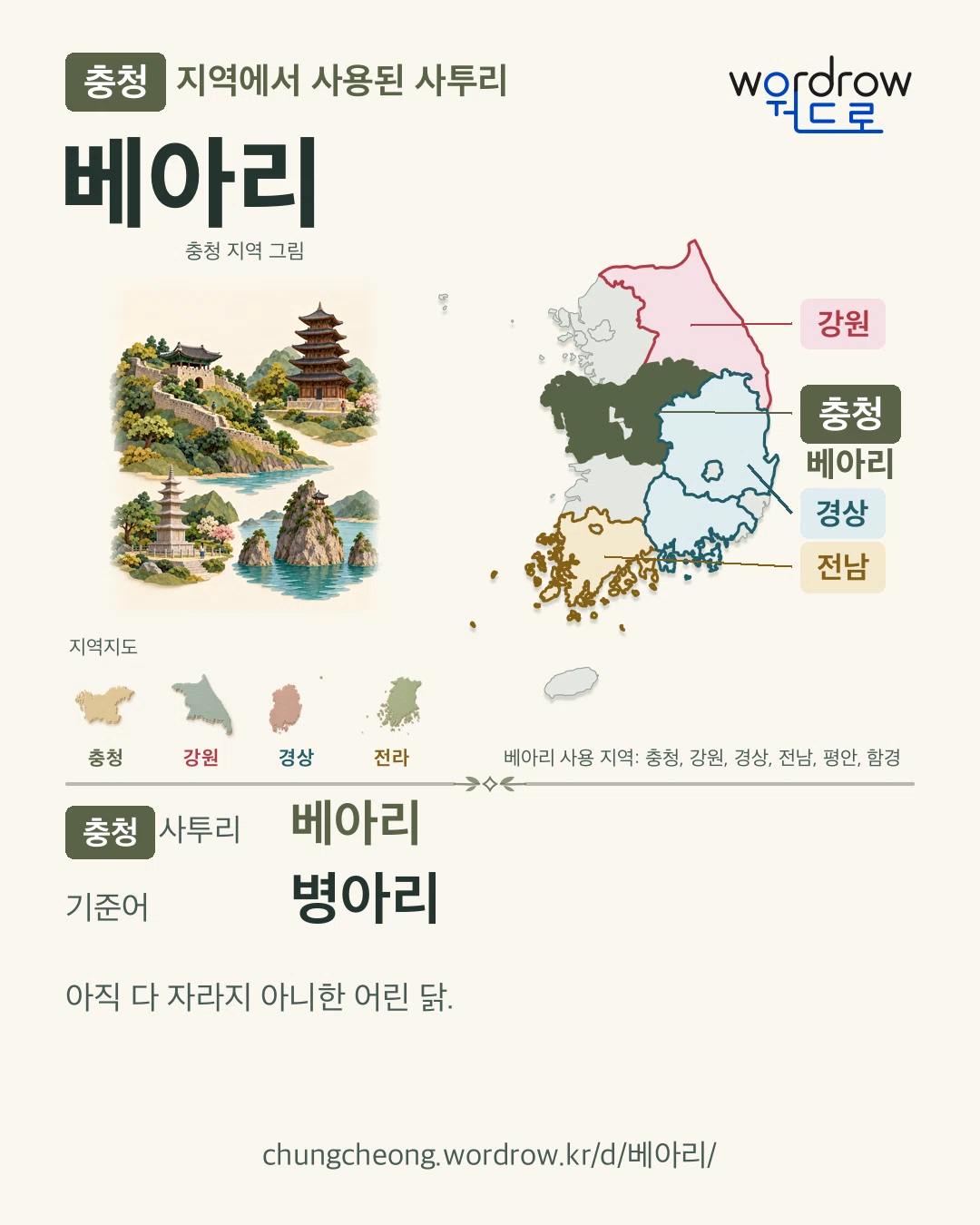 충청 지역에서 사용된 사투리 ‘베아리’. 기준어: 병아리. 기록 지역을 표시한 지역 그림과 지도 카드.