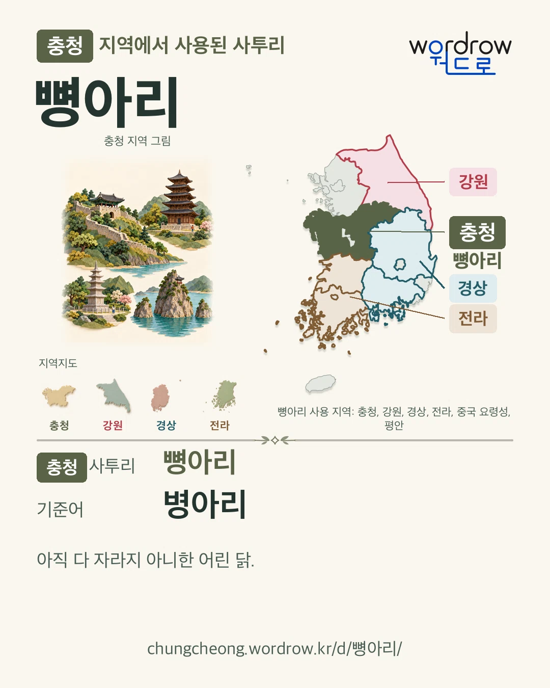충청 지역에서 사용된 사투리 ‘뼝아리’. 기준어: 병아리. 기록 지역을 표시한 지역 그림과 지도 카드.