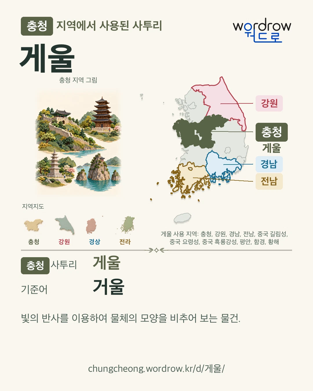 충청 지역에서 사용된 사투리 ‘게울’. 기준어: 거울. 기록 지역을 표시한 지역 그림과 지도 카드.