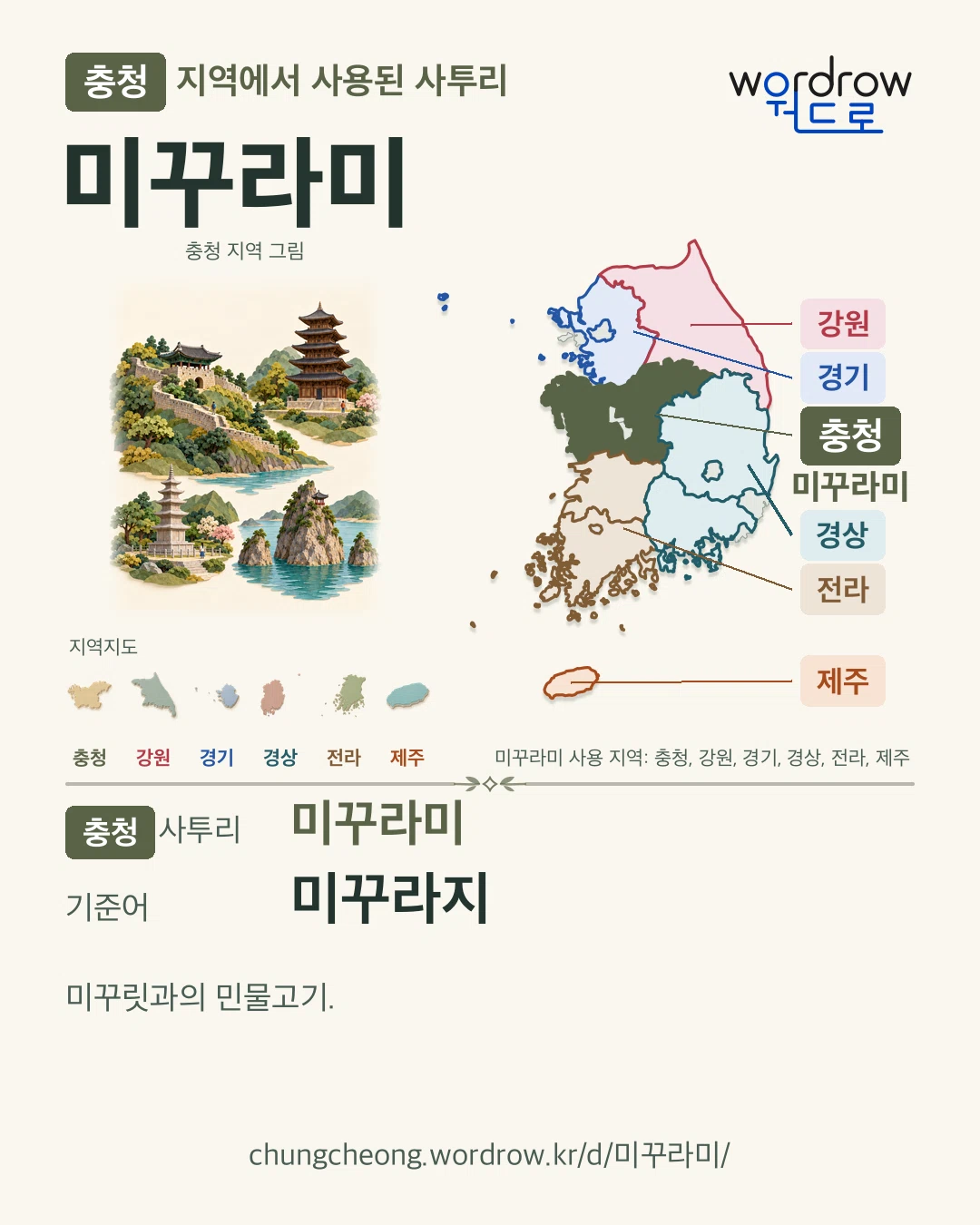 충청 지역에서 사용된 사투리 ‘미꾸라미’. 기준어: 미꾸라지. 기록 지역을 표시한 지역 그림과 지도 카드.