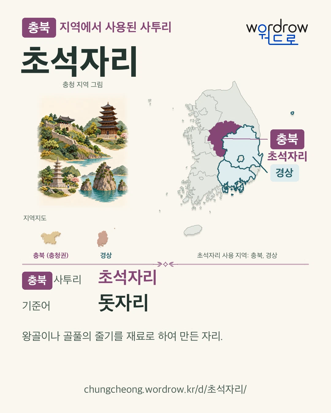 충북 지역에서 사용된 사투리 ‘초석자리’. 기준어: 돗자리. 기록 지역을 표시한 지역 그림과 지도 카드.