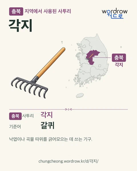 충북 지역에서 사용된 사투리 ‘각지’. 기준어: 갈퀴. 기록 지역을 표시한 카툰 삽화와 지도 카드.