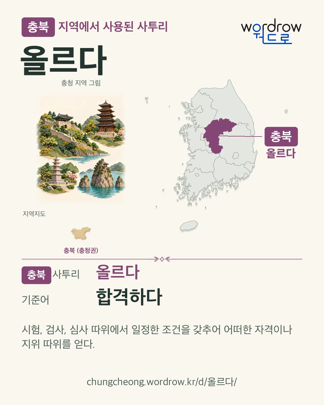 충북 지역에서 사용된 사투리 ‘올르다’. 기준어: 합격하다. 기록 지역을 표시한 지역 그림과 지도 카드.