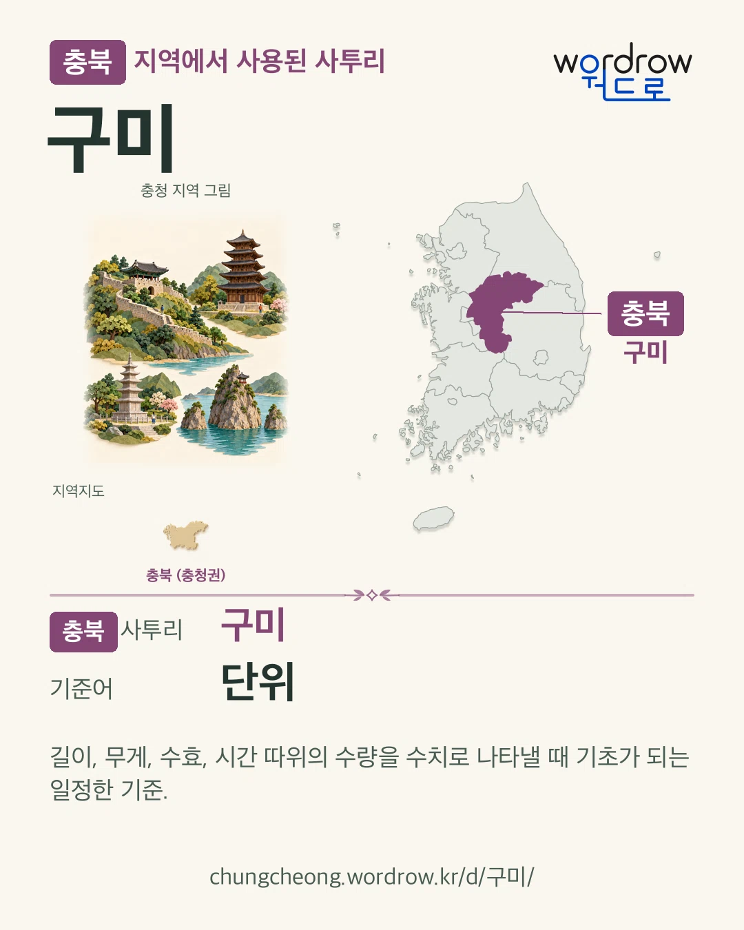 충북 지역에서 사용된 사투리 ‘구미’. 기준어: 단위. 기록 지역을 표시한 지역 그림과 지도 카드.