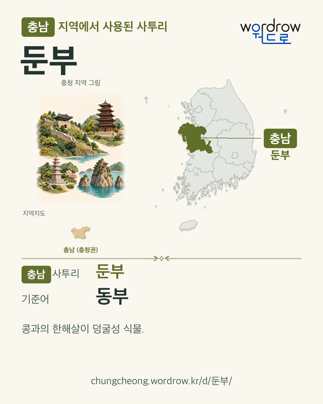 충남 지역에서 사용된 사투리 ‘둔부’. 기준어: 동부. 기록 지역을 표시한 지역 그림과 지도 카드.
