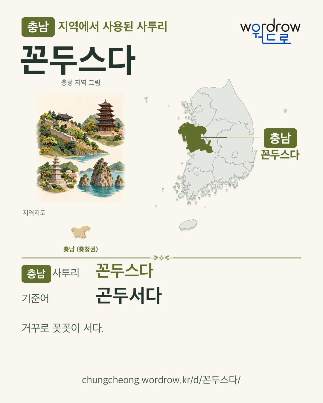 충남 지역에서 사용된 사투리 ‘꼰두스다’. 기준어: 곤두서다. 기록 지역을 표시한 지역 그림과 지도 카드.