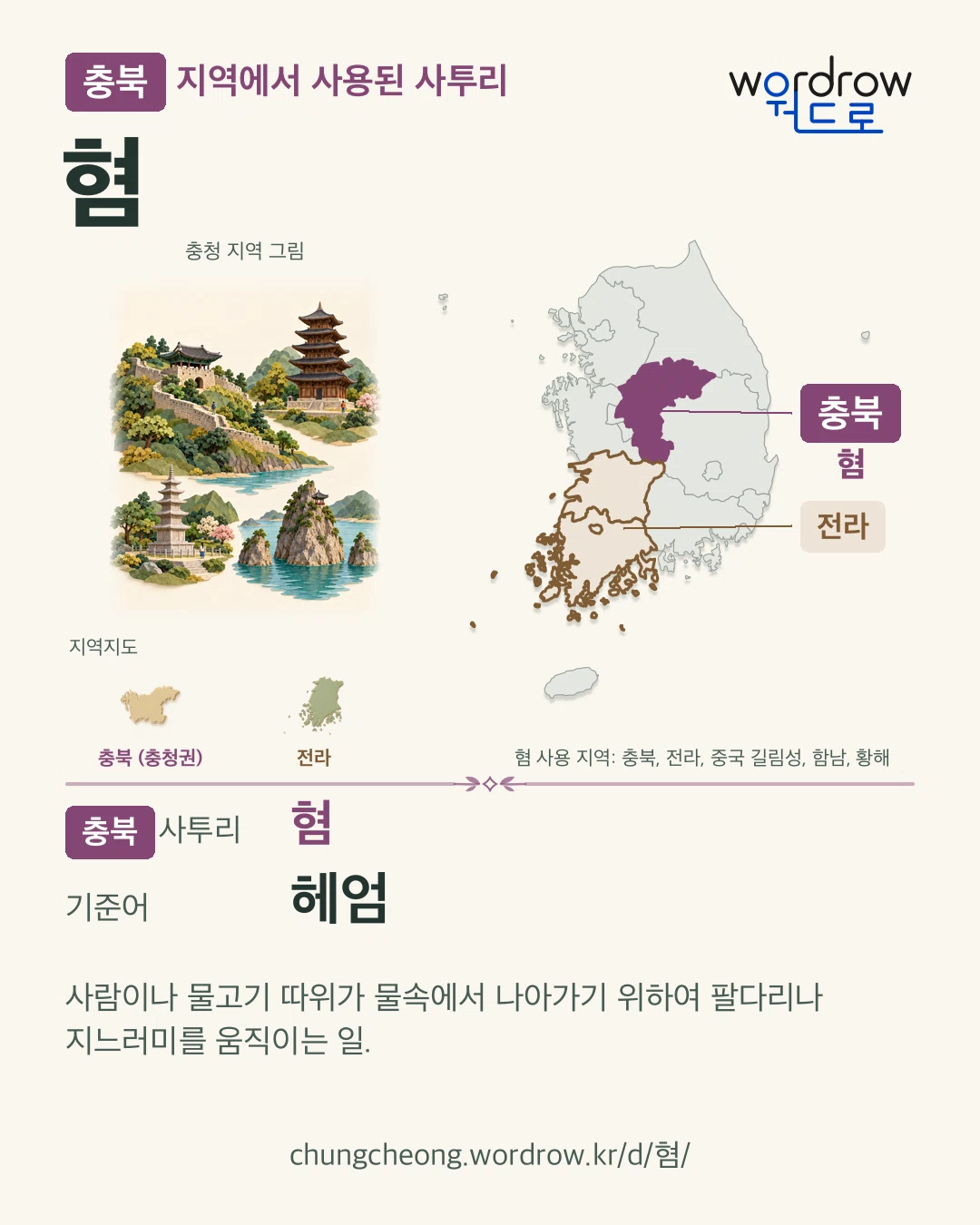 충북 지역에서 사용된 사투리 ‘혐’. 기준어: 헤엄. 기록 지역을 표시한 지역 그림과 지도 카드.
