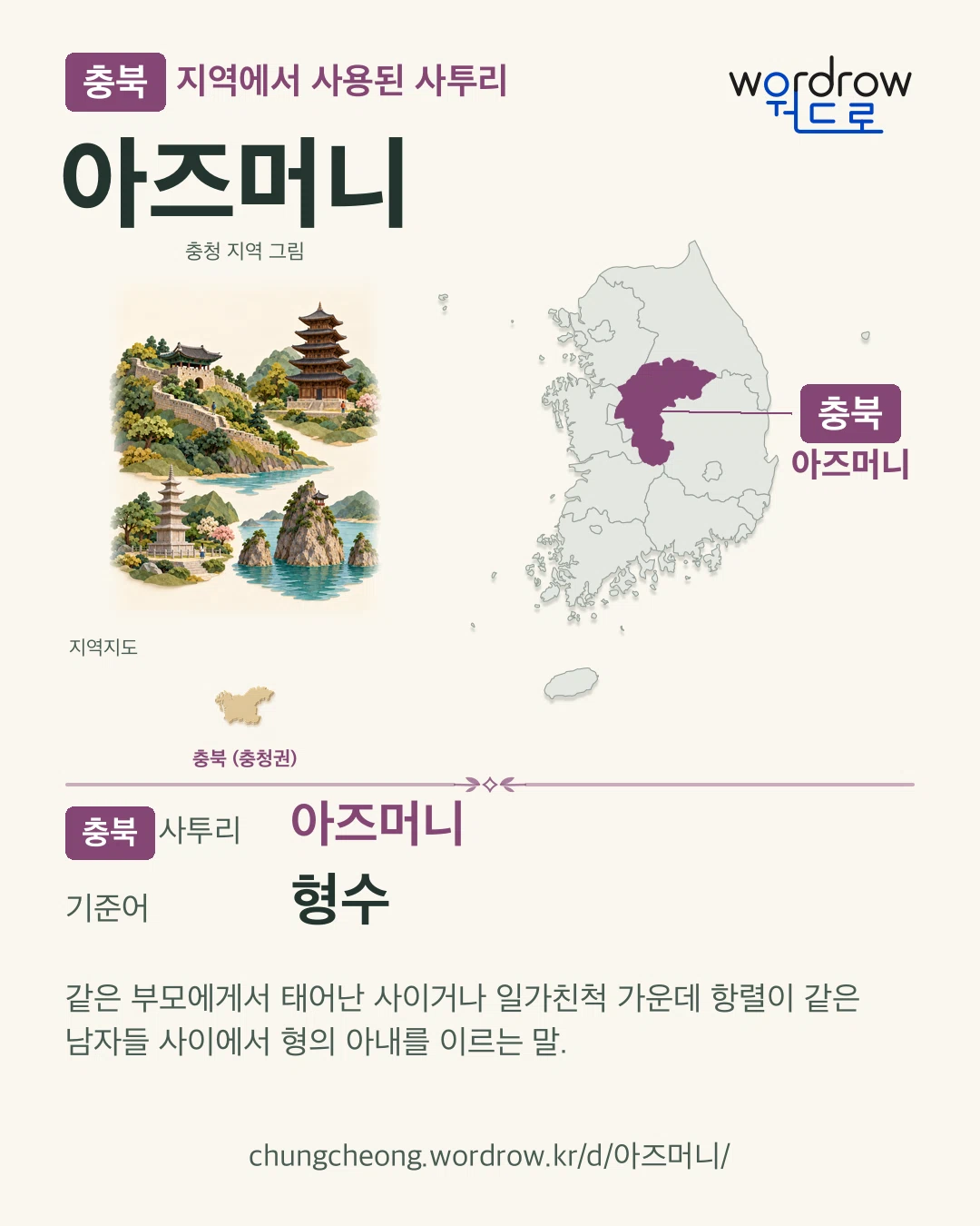 충북 지역에서 사용된 사투리 ‘아즈머니’. 기준어: 형수. 기록 지역을 표시한 지역 그림과 지도 카드.