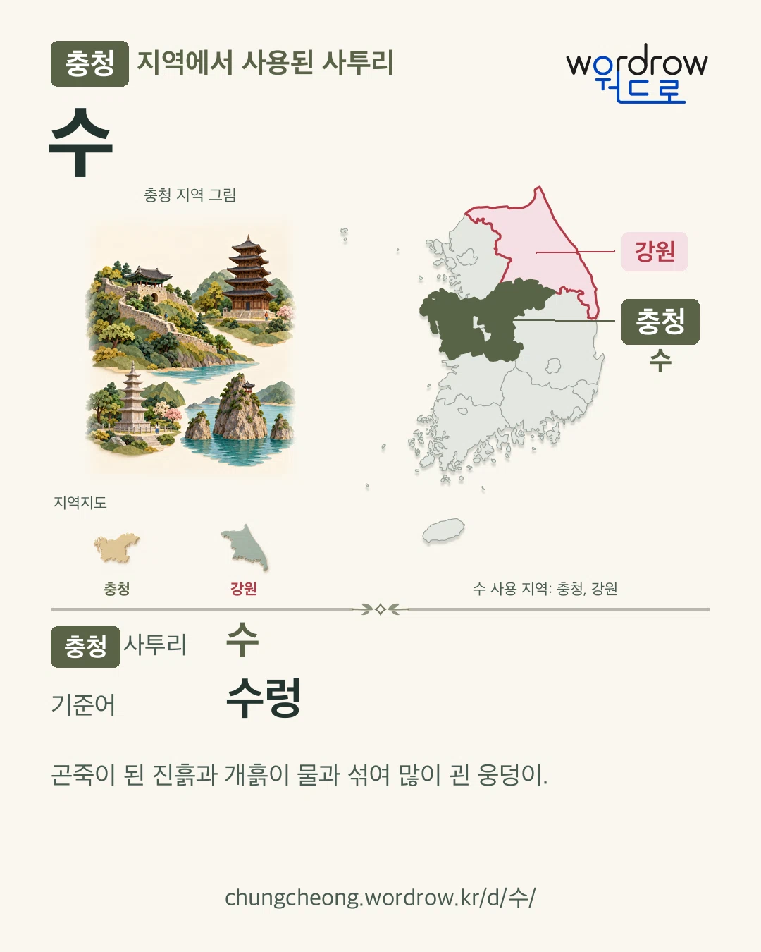 충청 지역에서 사용된 사투리 ‘수’. 기준어: 수렁. 기록 지역을 표시한 지역 그림과 지도 카드.