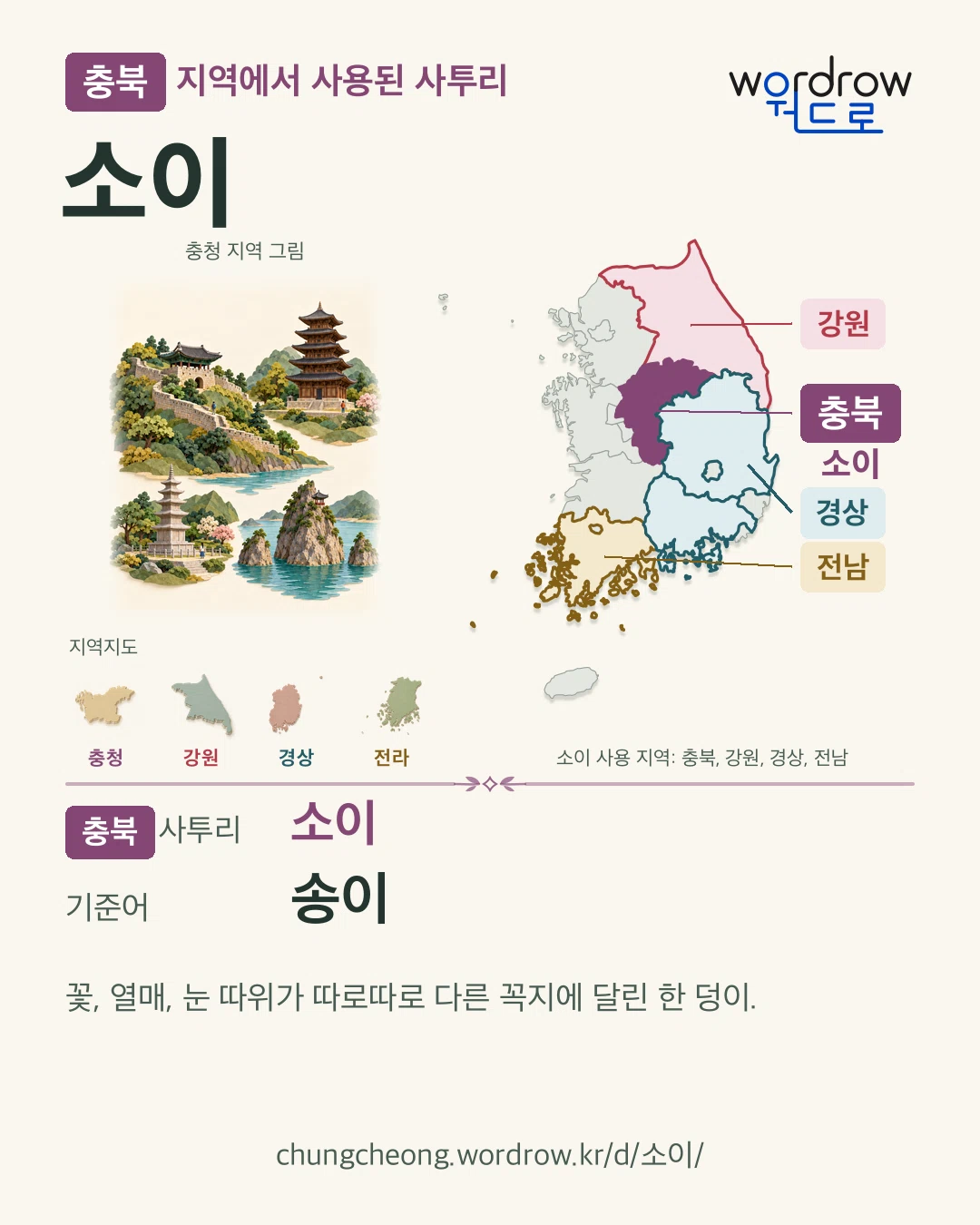 충북 지역에서 사용된 사투리 ‘소이’. 기준어: 송이. 기록 지역을 표시한 지역 그림과 지도 카드.