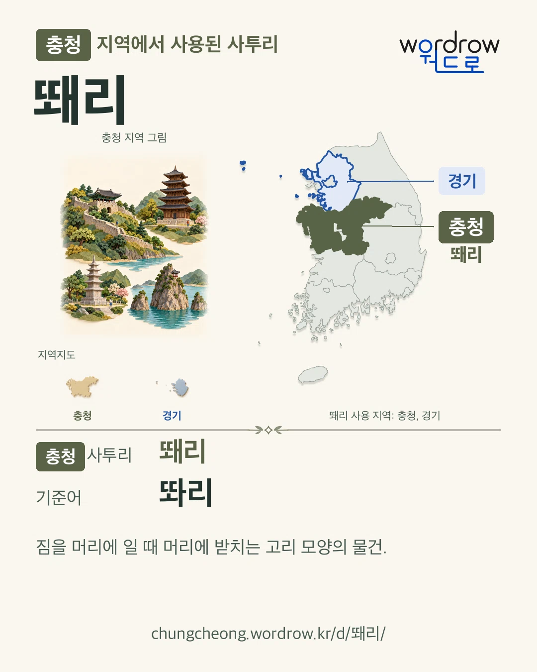 충청 지역에서 사용된 사투리 ‘뙈리’. 기준어: 똬리. 기록 지역을 표시한 지역 그림과 지도 카드.